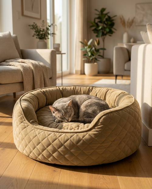 Cloud Rest orthopedic memory foam pet bed in khaki tan with a cat curled up sleeping in it
