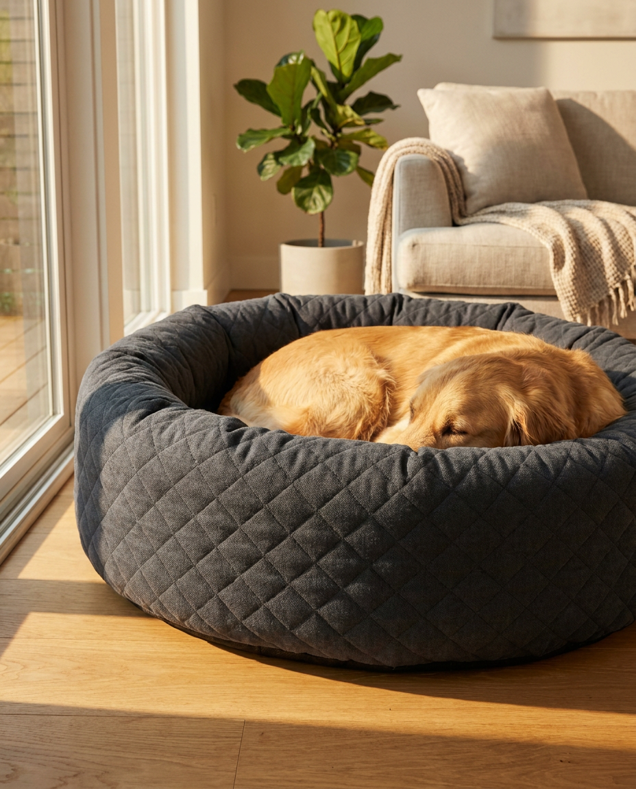Cloud Rest orthopedic memory foam pet bed in dark grey with a golden retriever curled up sleeping in it