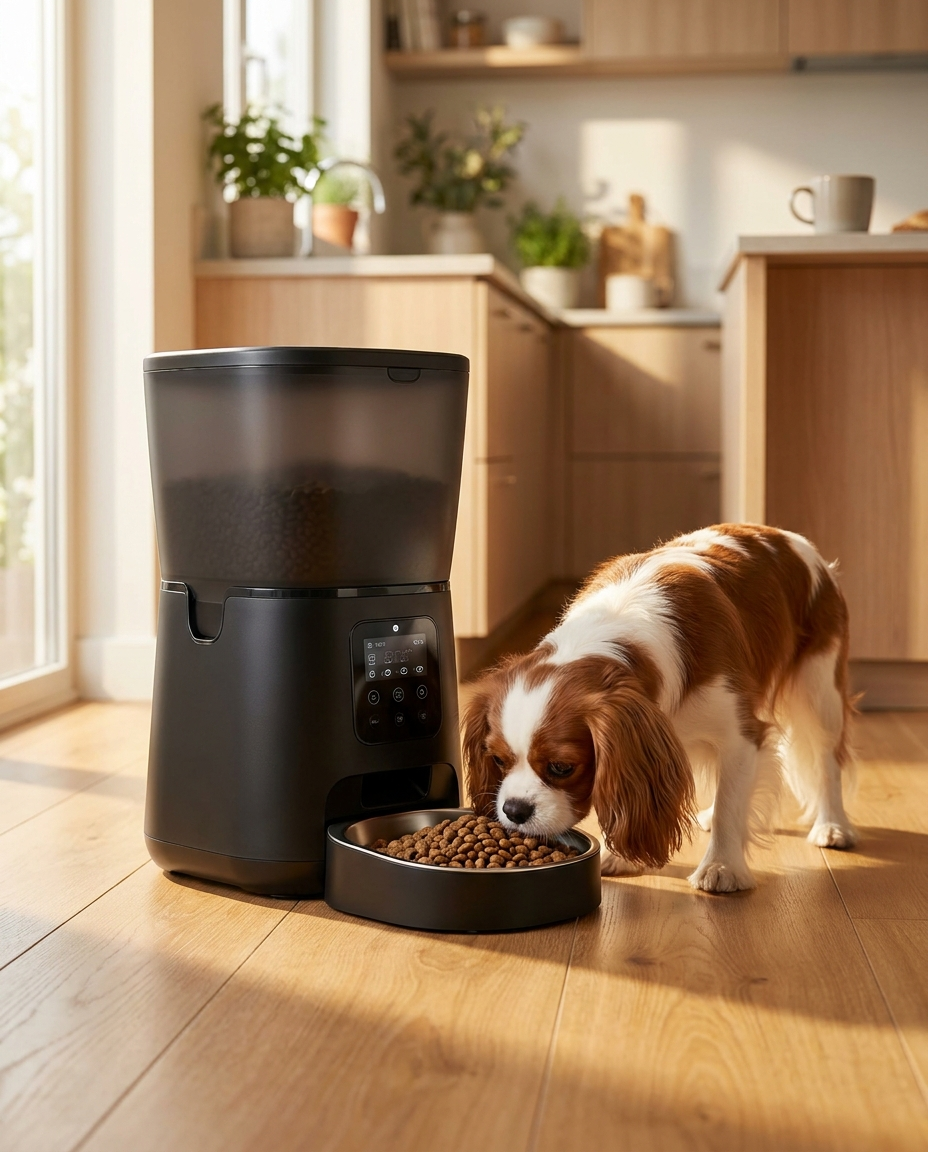 FeedWell Auto smart automatic pet feeder in matte black with a dog eating dispensed kibble in a sunlit kitchen