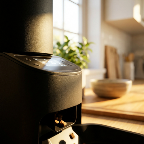 Close-up of FeedWell Auto matte black pet feeder control panel and dispenser