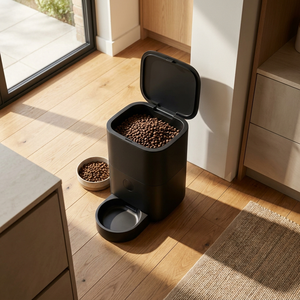 Top-down view of FeedWell Auto matte black pet feeder with lid open showing kibble