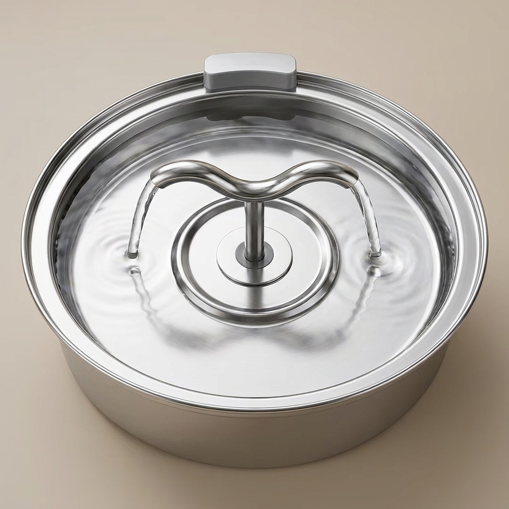 Top-down view of AquaPure Pro oval stainless steel basin and wave-shaped spout